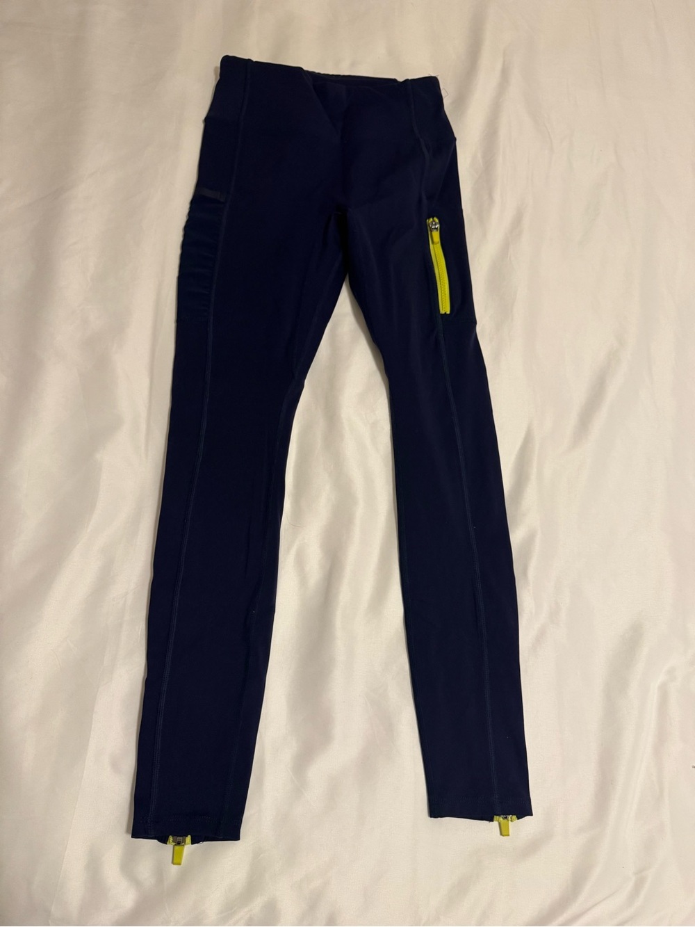 Fabletics Navy Leggings with Yellow Zipper Accents